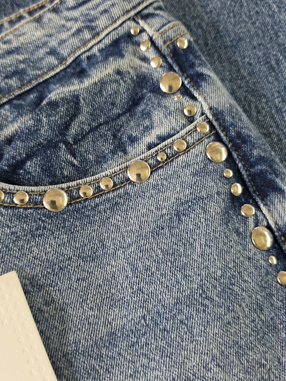KanCan Medium Blue Straight Leg Jeans with Stud Accents - Picture 3 of 5